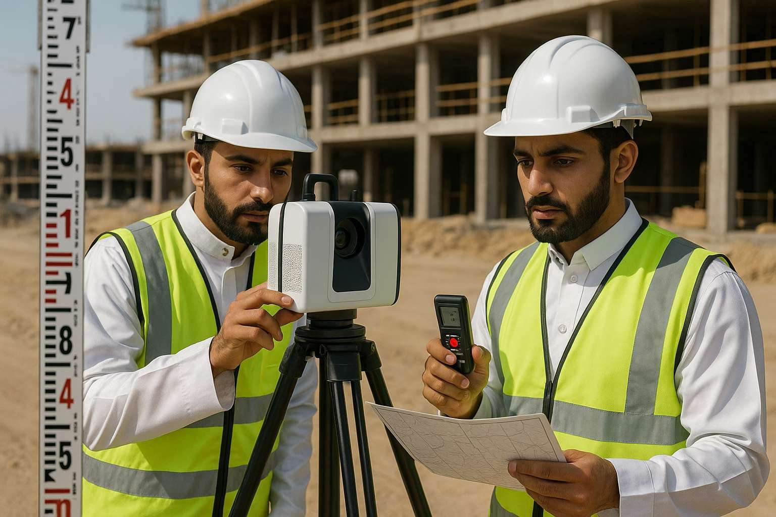 أدوات القياس والمسح في مواقع البناء