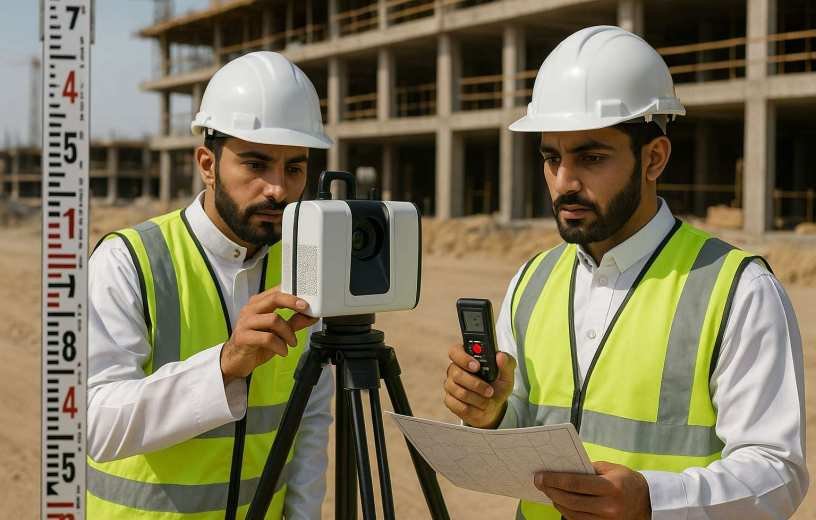 أدوات القياس والمسح في مواقع البناء